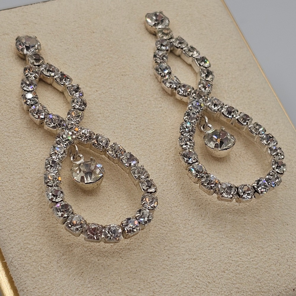 Y2K Clear Crystal Rhinestone Double Teardrop Drop Earrings Formal Bridal Sparkle - Picture 11 of 15